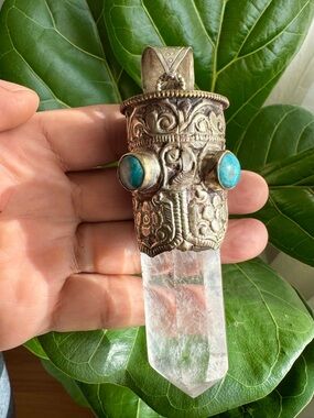 Vintage Large Natural Himalayan Quartz Pendant Inlay Stones Set In Silver 132gm